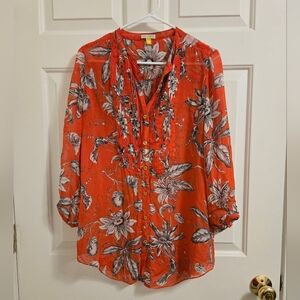 Anthropologie Leifsdottir Floral Red Long Sleeve 100% Silk Blouse Tunic Size 4